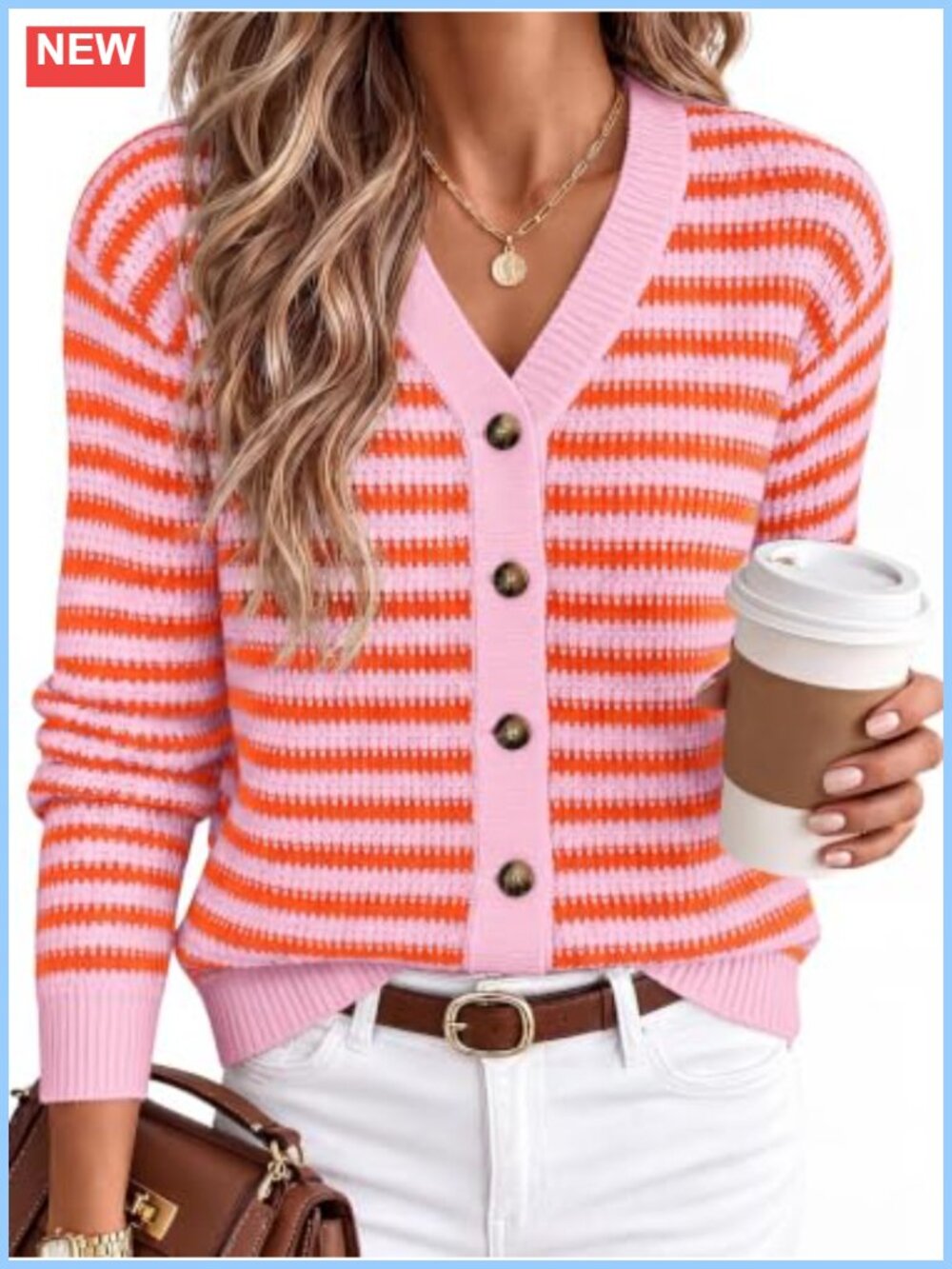 Womens Striped Cardigan V Neck Long Sleeve Button Down Knit Sweater